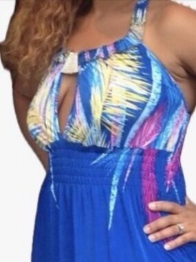 Royal Blue Tropical Maxi Dress with Pink & Teal Feather Print